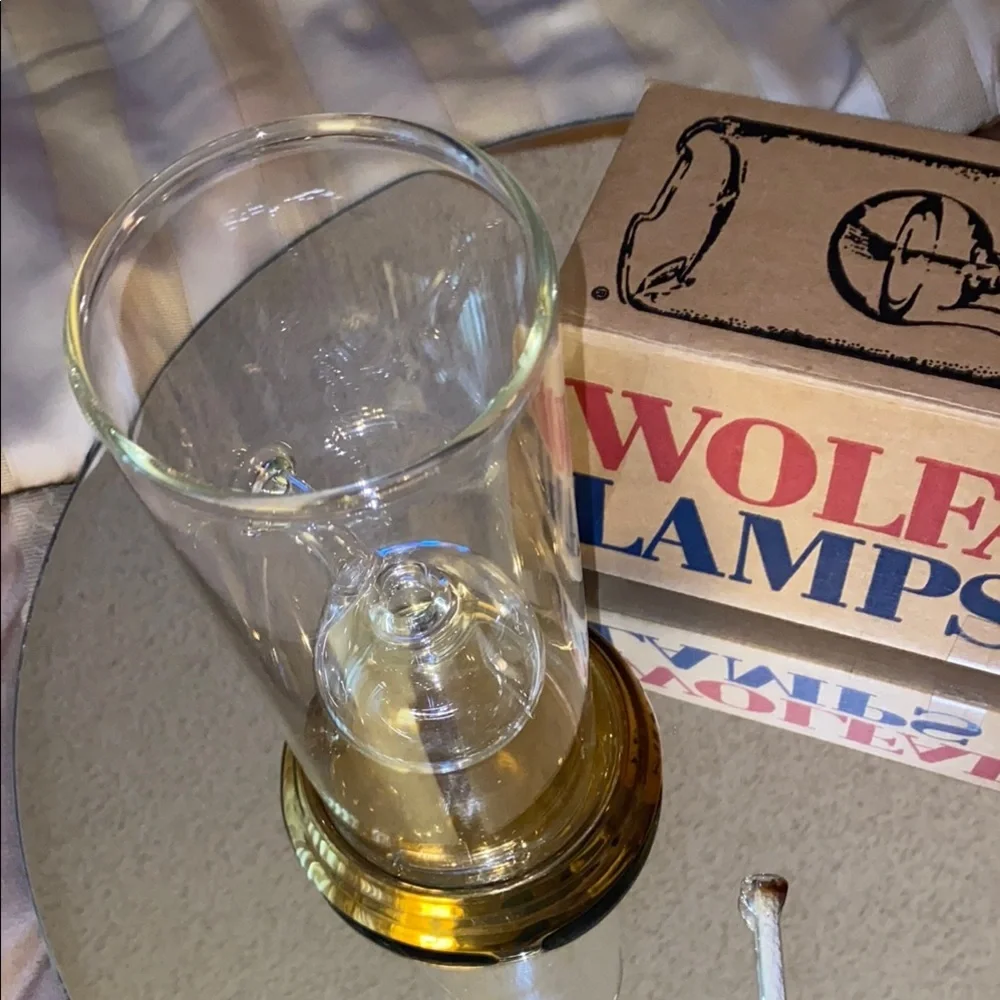 Box41 9” Wolfard Glass Oil Lamp with Brass Base in Original Box